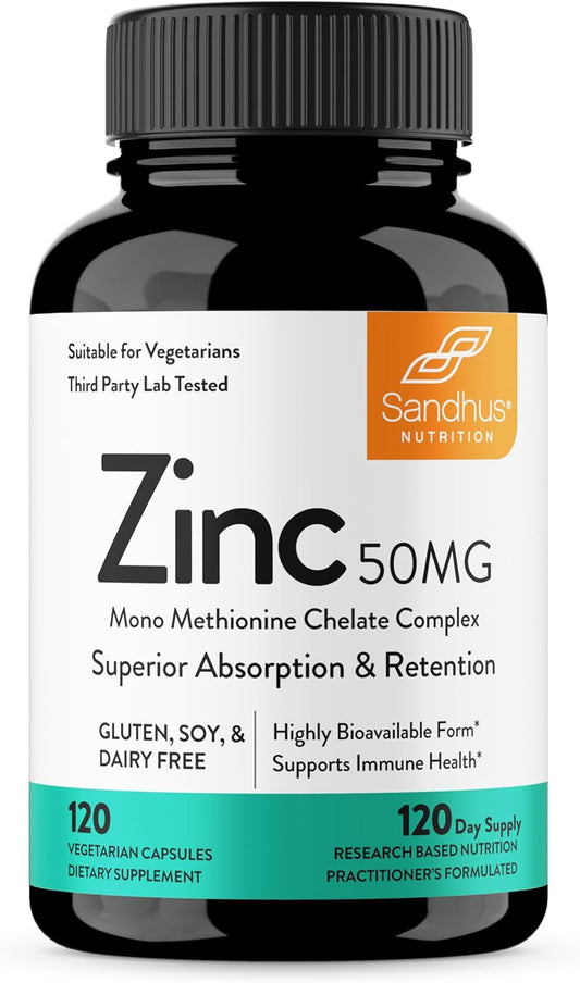 High Potency Sandhu's Zinc 50mg Supplement - 120 Count for 4 Months Supply - Made in USA - Immune & Antioxidant Support - Superior Absorption Capsules