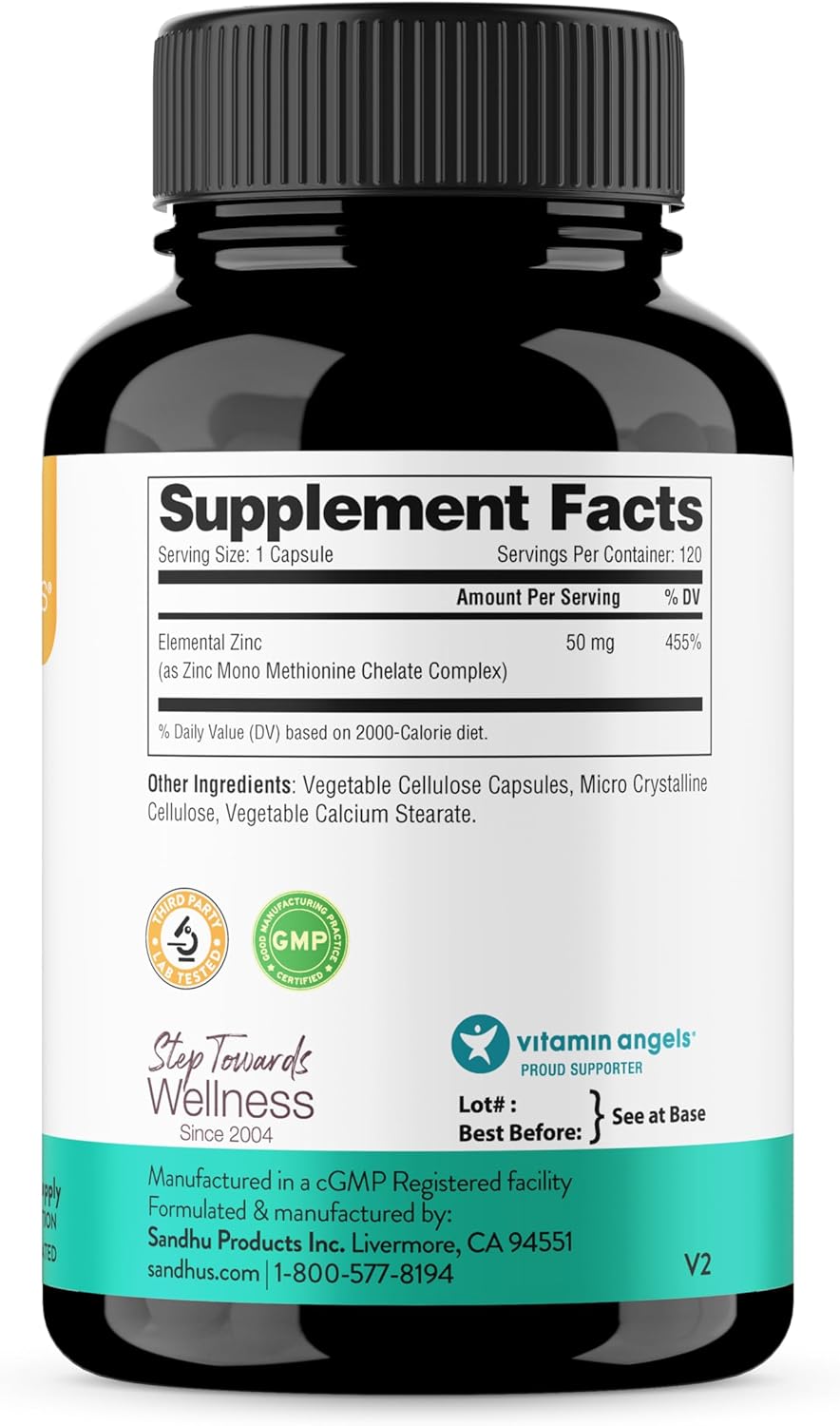 High Potency Sandhu's Zinc 50mg Supplement - 120 Count for 4 Months Supply - Made in USA - Immune & Antioxidant Support - Superior Absorption Capsules