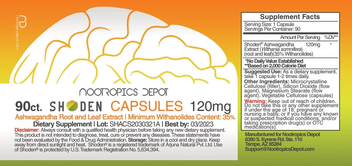 High Potency Shoden Ashwagandha Capsules | 120mg | 90 Count | 35% Withanolides by Nootropics Depot