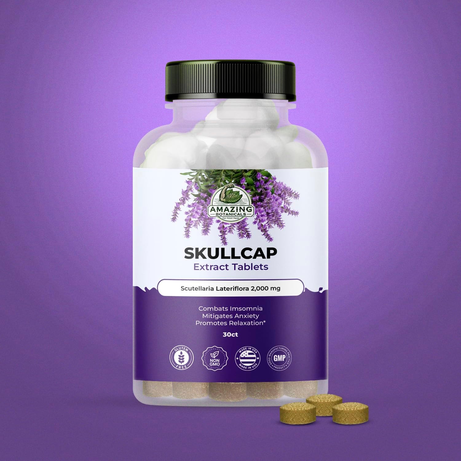 High Potency Skullcap 10X Extract Tablets - 2,000 mg - Herbal Supplement for Relaxation - 30 Tablets