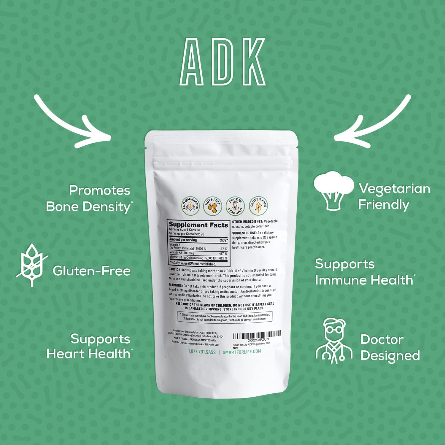 High Potency Smart for Life ADK Vitamins Supplement for Bone and Heart Health - 5,000 IU Vitamin A, 5,000 IU Vitamin D3, 500mcg Vitamin K2