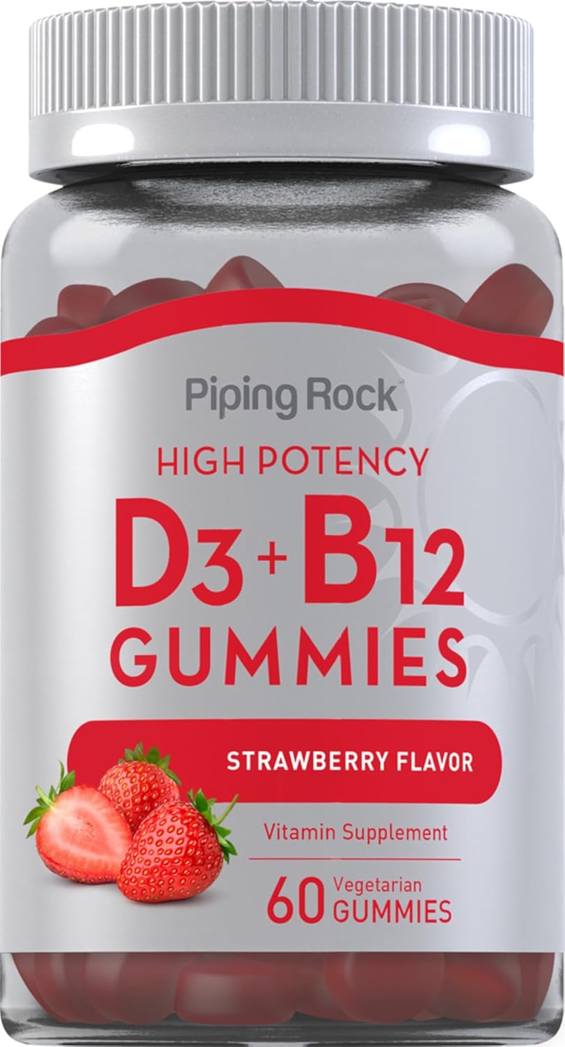 High Potency Strawberry Flavored Vitamin D3 + B12 Gummies for Vegetarians - Non-GMO & Gluten Free