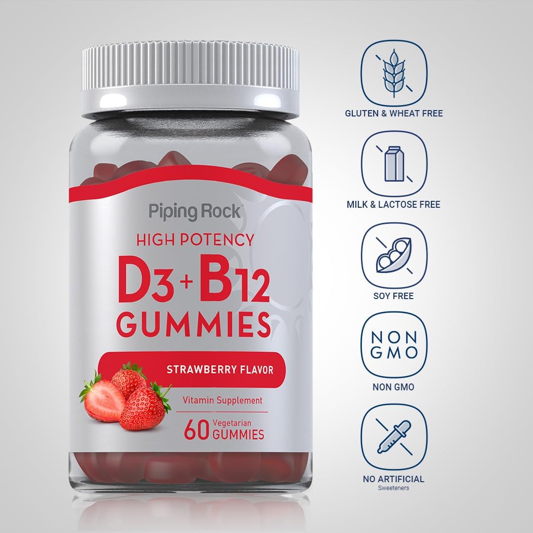 High Potency Strawberry Flavored Vitamin D3 + B12 Gummies for Vegetarians - Non-GMO & Gluten Free