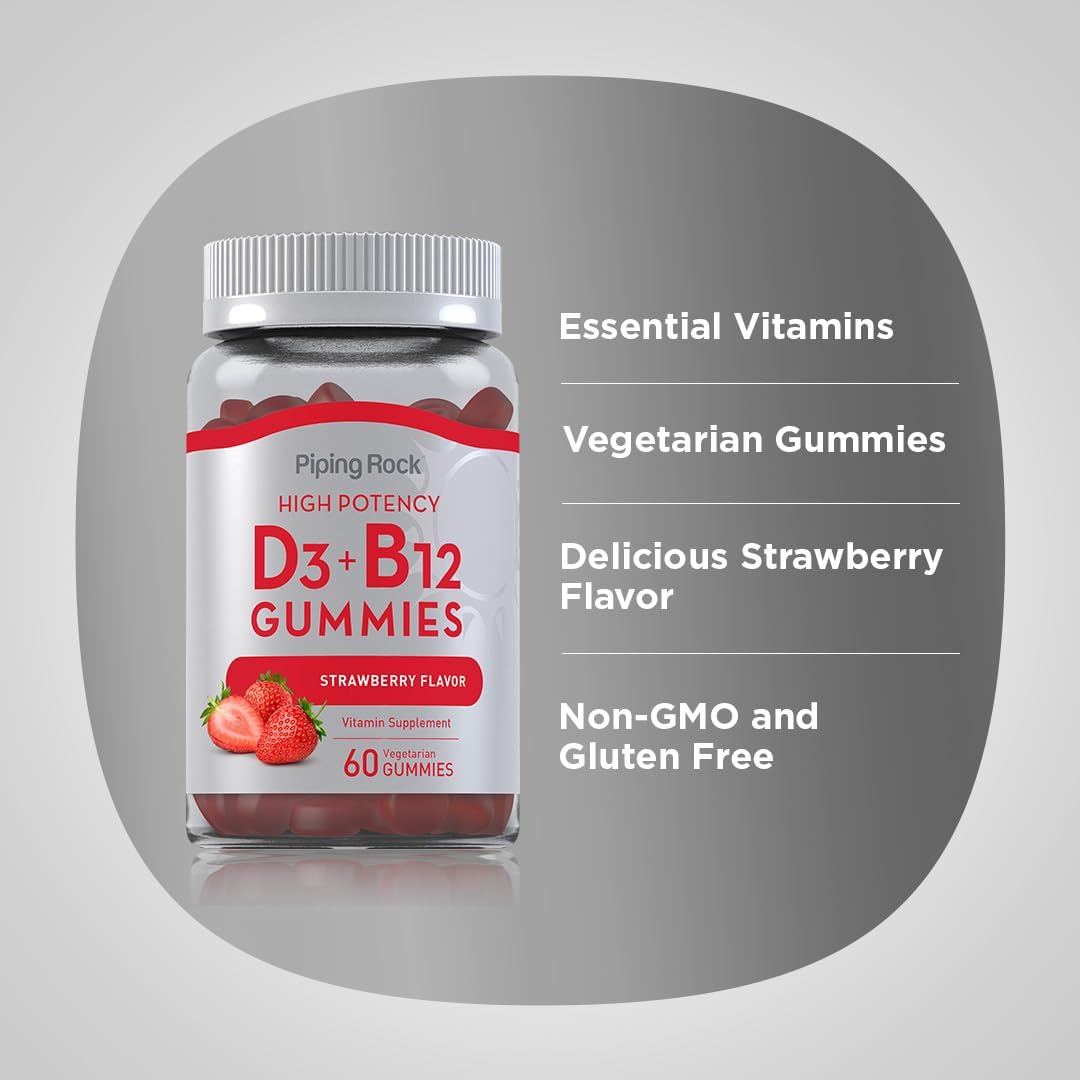 High Potency Strawberry Flavored Vitamin D3 + B12 Gummies for Vegetarians - Non-GMO & Gluten Free