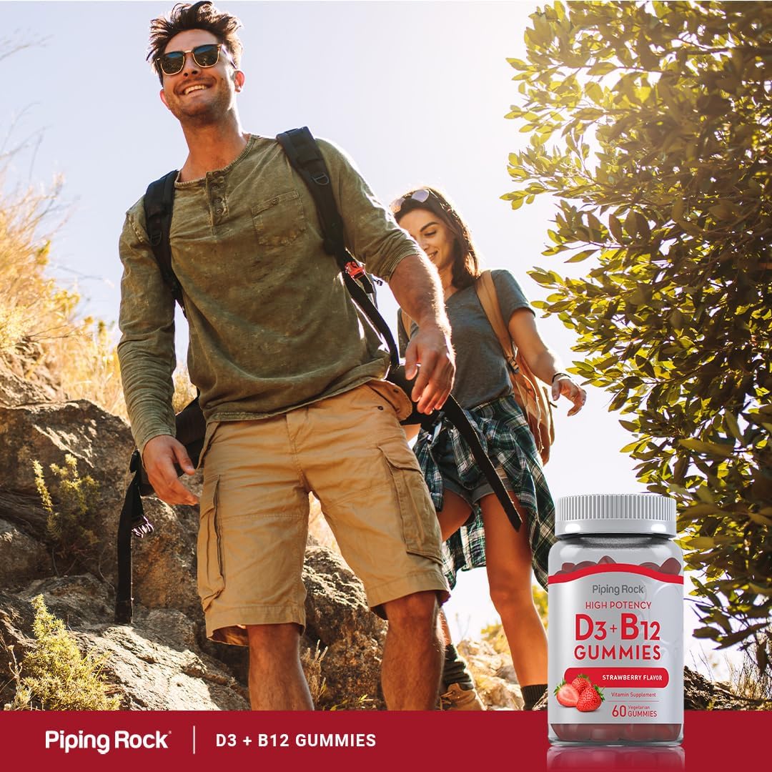 High Potency Strawberry Flavored Vitamin D3 + B12 Gummies for Vegetarians - Non-GMO & Gluten Free