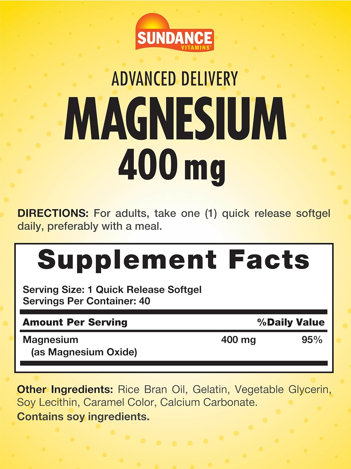 High Potency Sundance Magnesium 400mg Softgels - 40 Advanced Delivery Capsules for Essential Mineral Support - Non-GMO & Gluten Free