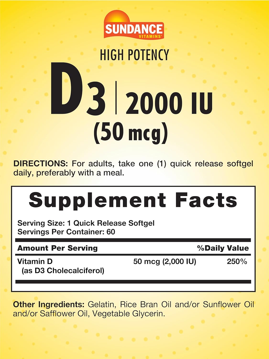 High Potency Sundance Vitamin D3 2000 IU Softgels - 60 Quick Release, Non-GMO & Gluten Free