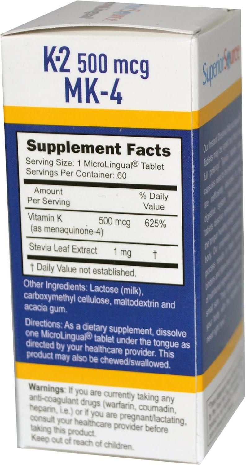 High Potency Superior Source Vitamin K-2 MK-4 500mcg Sublingual Tablets - 60 Count