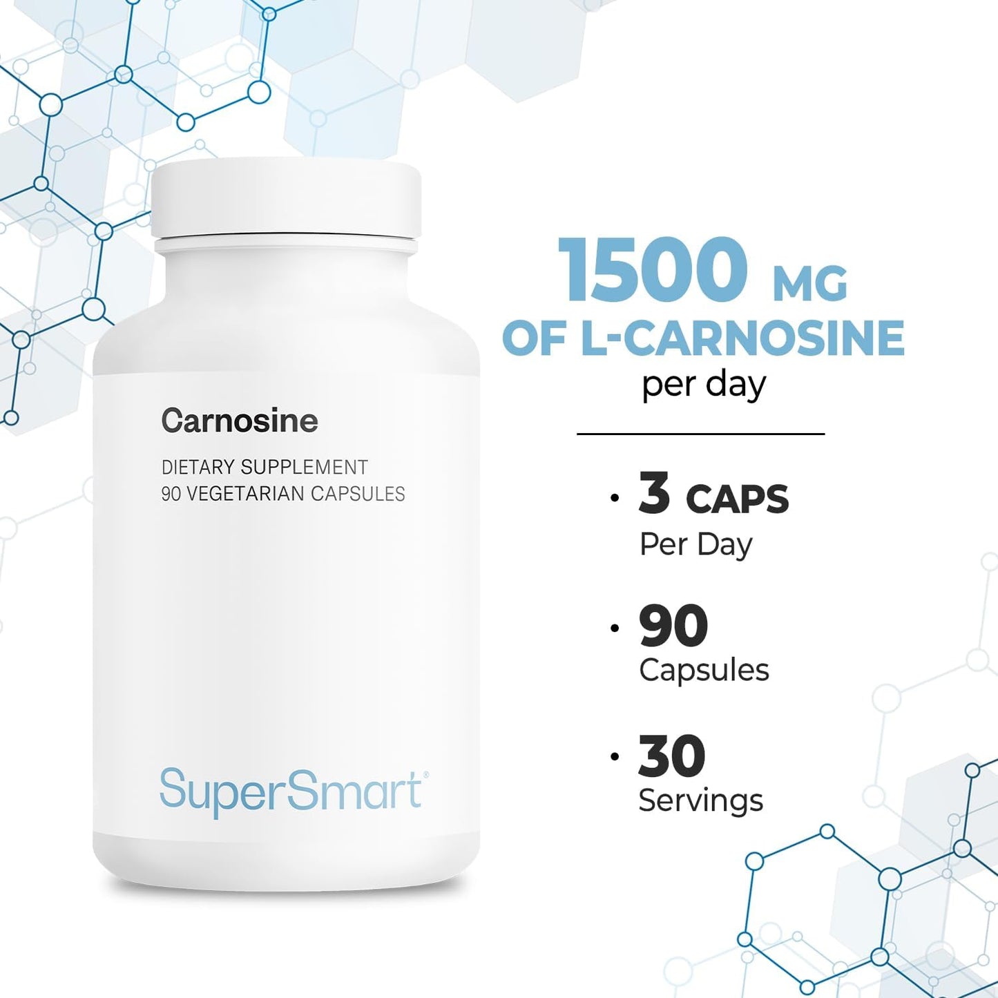 High Potency Supersmart Carnosine Supplement - 1500mg Daily Dipeptide L-Carnosine Capsules - Non-GMO, Vegetarian - 90 Count