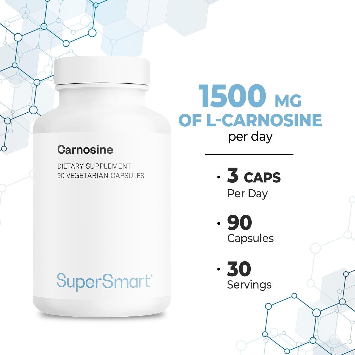 High Potency Supersmart Carnosine Supplement - 1500mg Daily Dipeptide L-Carnosine Capsules - Non-GMO, Vegetarian - 90 Count