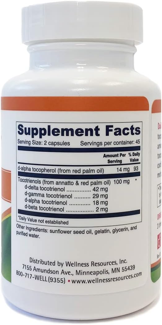 High Potency Tocotrienol Vitamin E Complex for Antioxidant Protection, Natural Source, Non-GMO - 90 Capsules