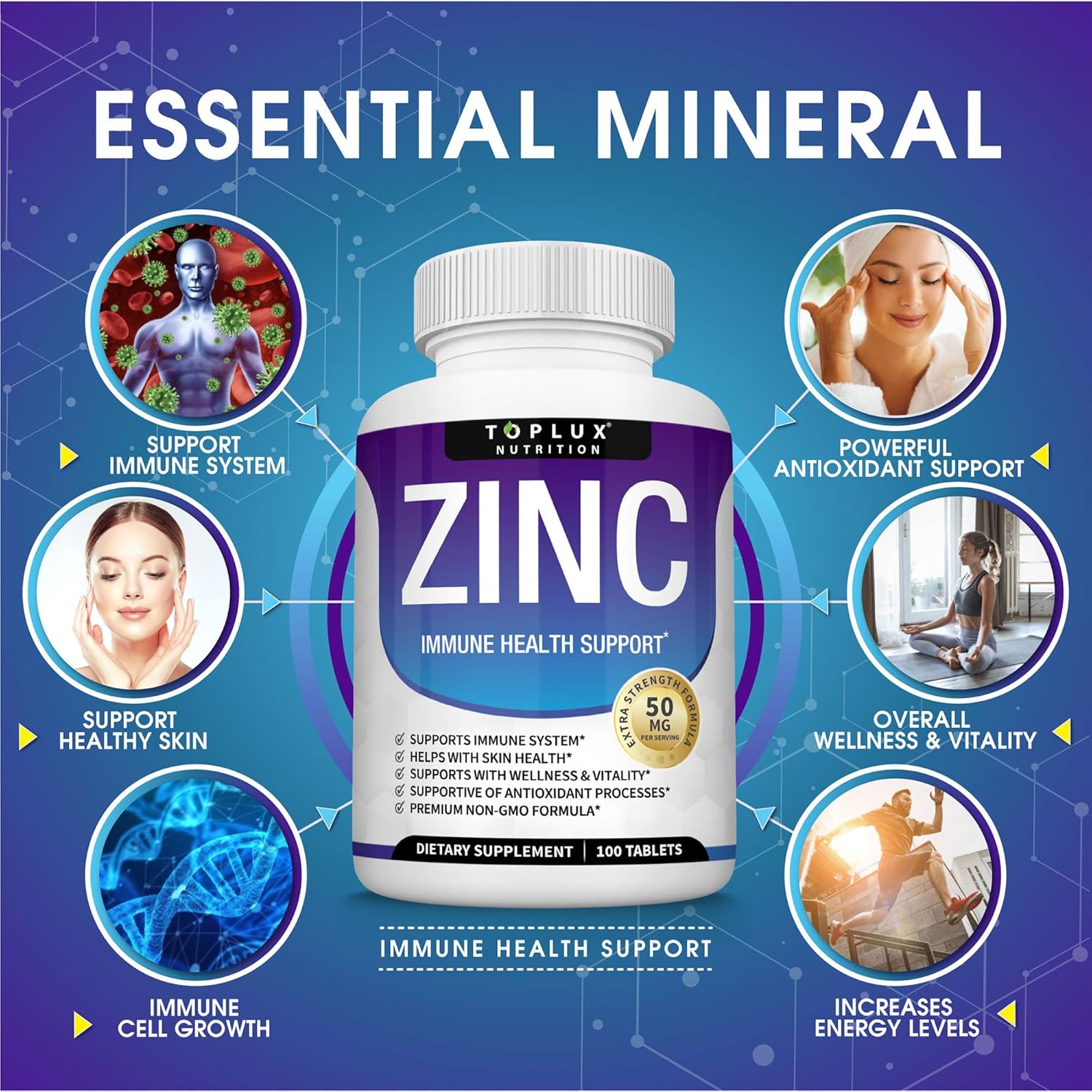 High Potency Toplux Zinc Supplement 50mg - Immune Support with Pure Natural Zinc Oxide for Skin & Antioxidant Support - 100 Tablets for Men and Women