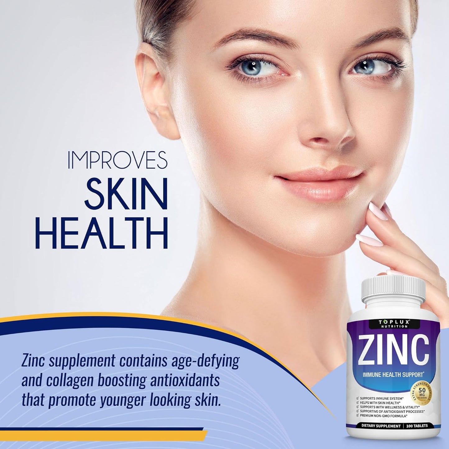 High Potency Toplux Zinc Supplement 50mg - Immune Support with Pure Natural Zinc Oxide for Skin & Antioxidant Support - 100 Tablets for Men and Women