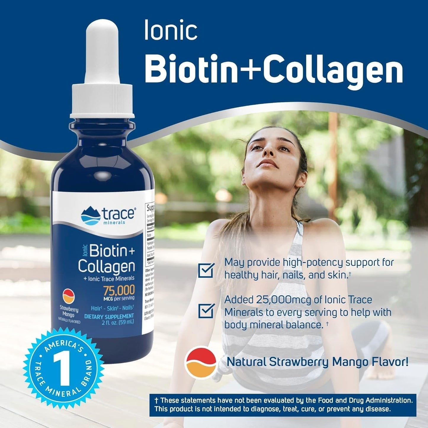 High-Potency Trace Minerals Ionic Biotin & Collagen Supplement for Healthy Hair, Skin, and Joints - Strawberry Mango, 2 fl oz