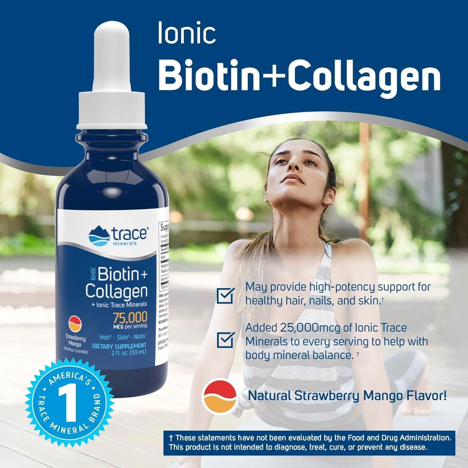 High-Potency Trace Minerals Ionic Biotin & Collagen Supplement for Healthy Hair, Skin, and Joints - Strawberry Mango, 2 fl oz
