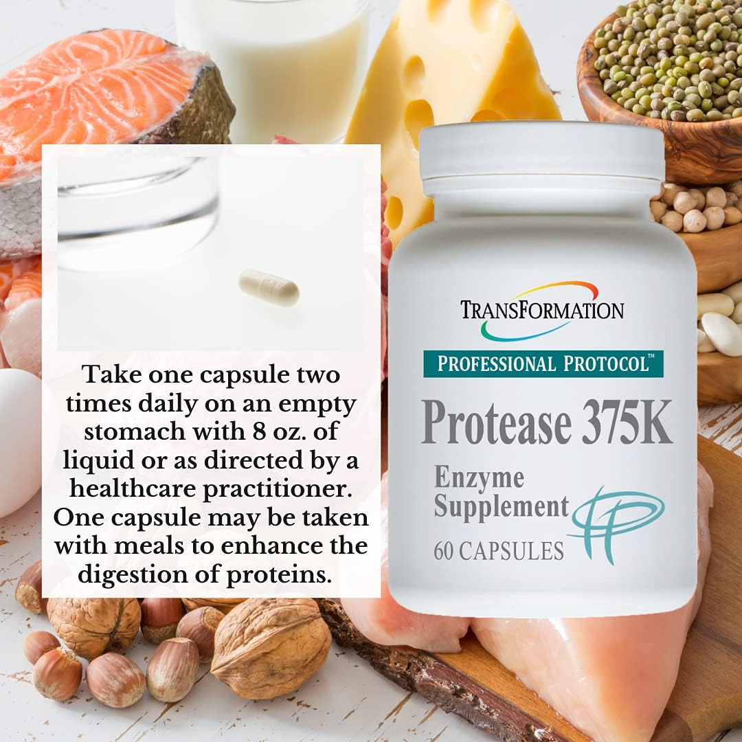 High-Potency Transformation Enzymes Protease 375K Supplement for Protein Absorption & Gut Health - 60 Capsules, Non-GMO