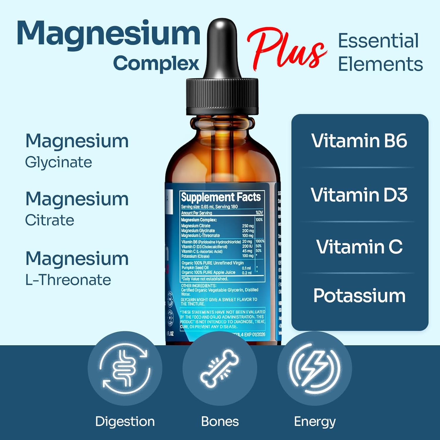 High Potency Triple Complex Magnesium Liquid Drops with Vitamins - 4 oz Family Size - 90-Day Supply - Advanced Absorption Formula