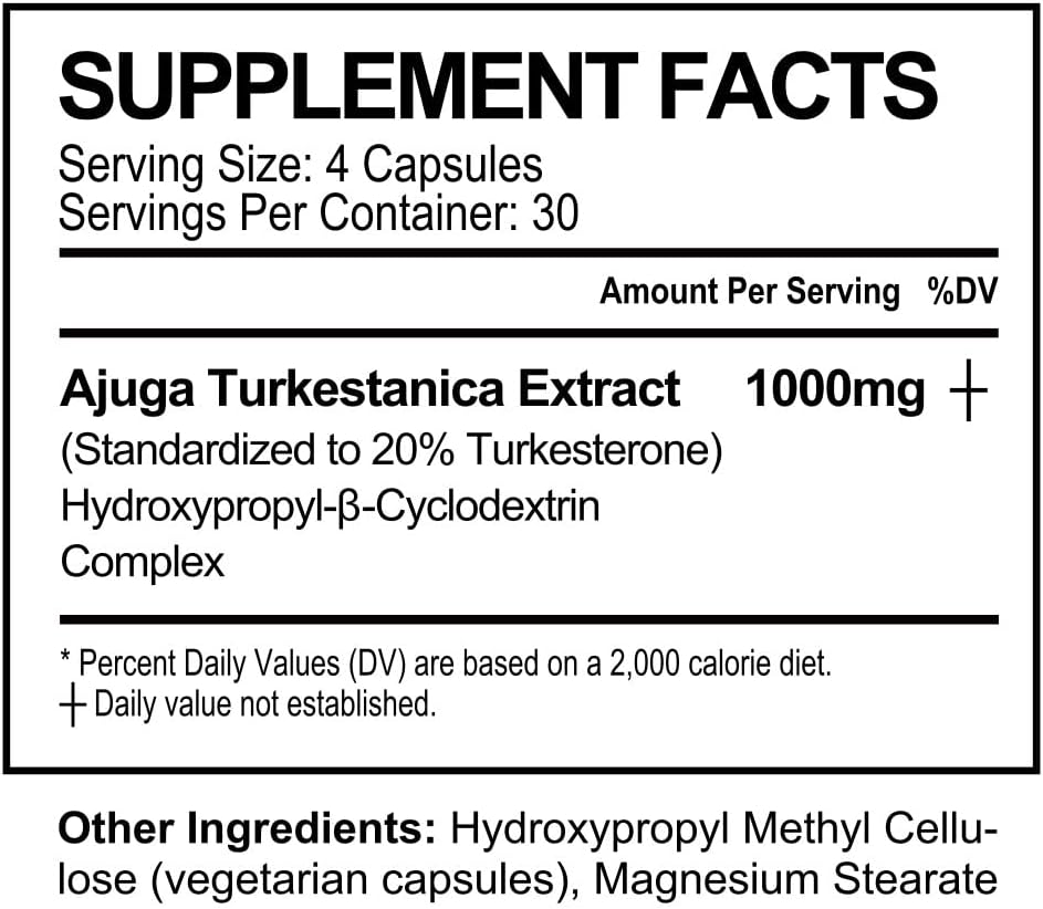 High Potency Turkesterone Supplement with Enhanced Bioavailability - 1000mg (20%) - 120 Capsules (30 Servings)