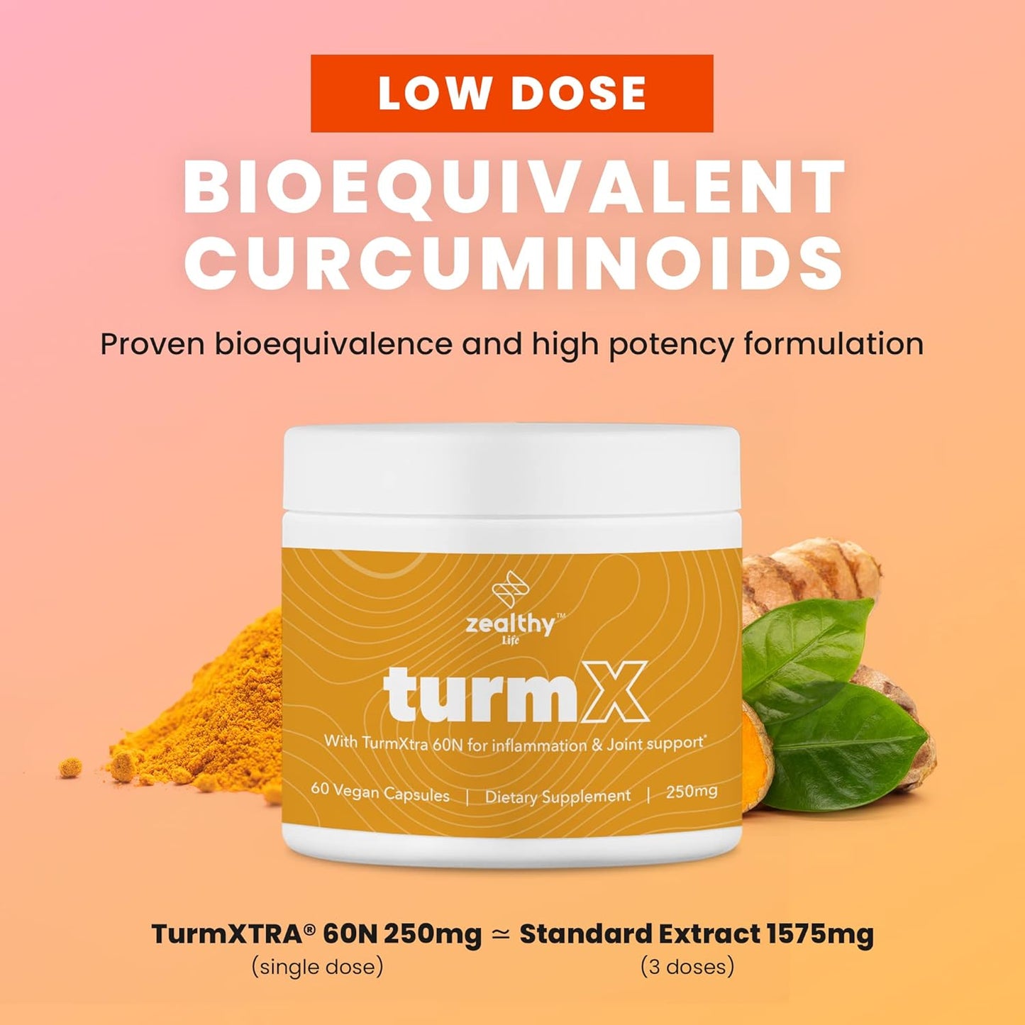 High-Potency Turmeric Capsules for Joint Support - Non-GMO Turmeric Supplements, 250mg per Capsule, Vegan-Friendly - Zealthy Life TurmX Tumeric Capsules