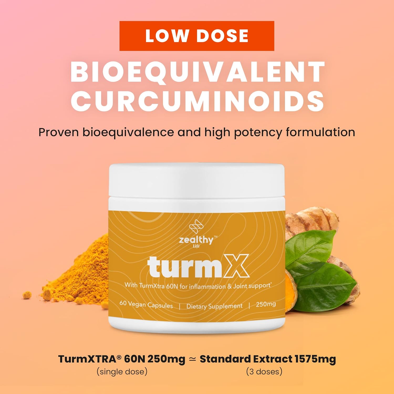 High-Potency Turmeric Capsules for Joint Support - Non-GMO Turmeric Supplements, 250mg per Capsule, Vegan-Friendly - Zealthy Life TurmX Tumeric Capsules