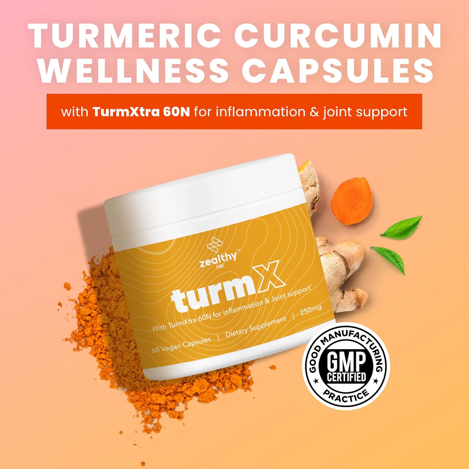 High-Potency Turmeric Capsules for Joint Support - Non-GMO Turmeric Supplements, 250mg per Capsule, Vegan-Friendly - Zealthy Life TurmX Tumeric Capsules