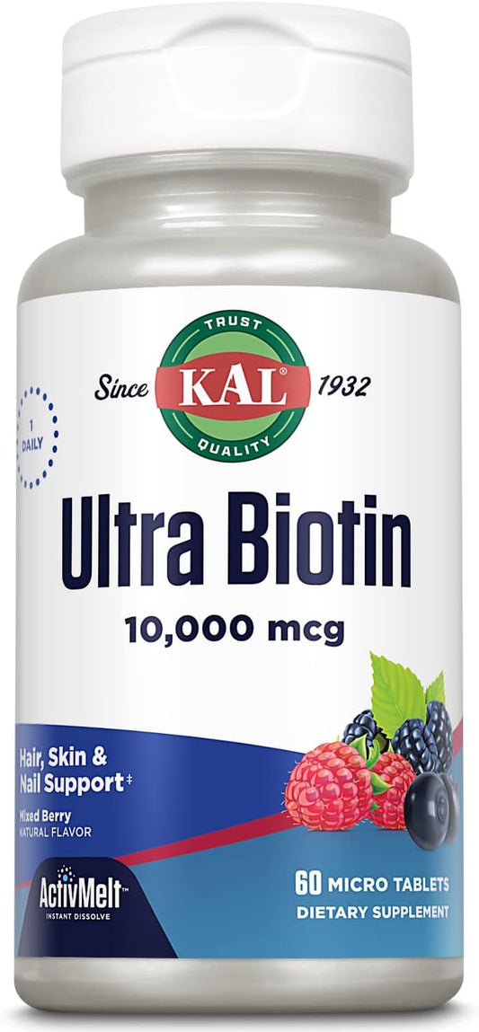 High Potency Ultra Biotin 10000mcg ActivMelt for Hair Growth, Skin & Nails - Vegetarian Mixed Berry Flavor - 60 Servings