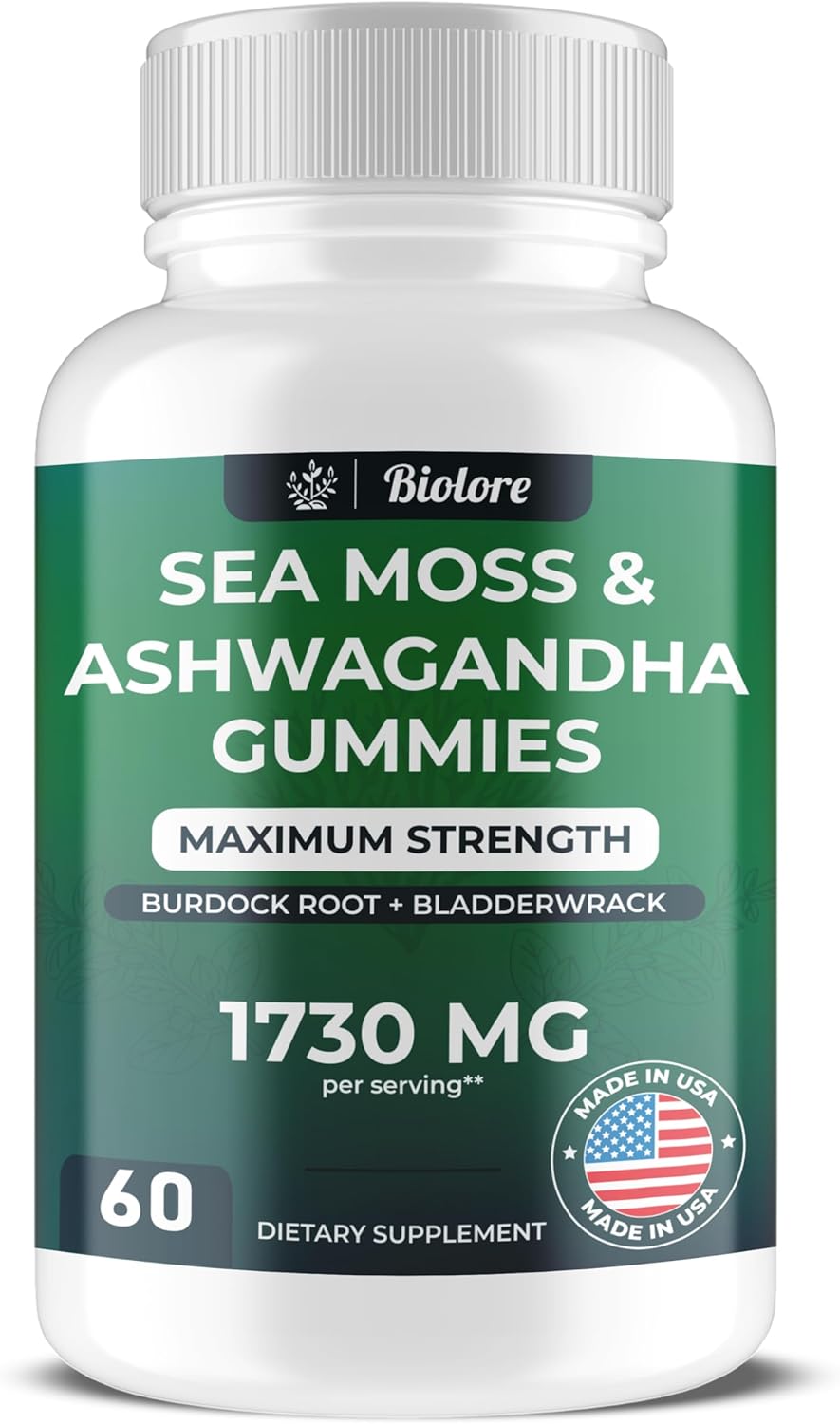 High Potency Vegan Sea Moss Gummies with Ashwagandha - 1730 MG, Irish Sea Moss, Burdock Root, Bladderwrack Extract for Digestive & Immune Support - Non-GMO, Gluten-Free (60 Count)