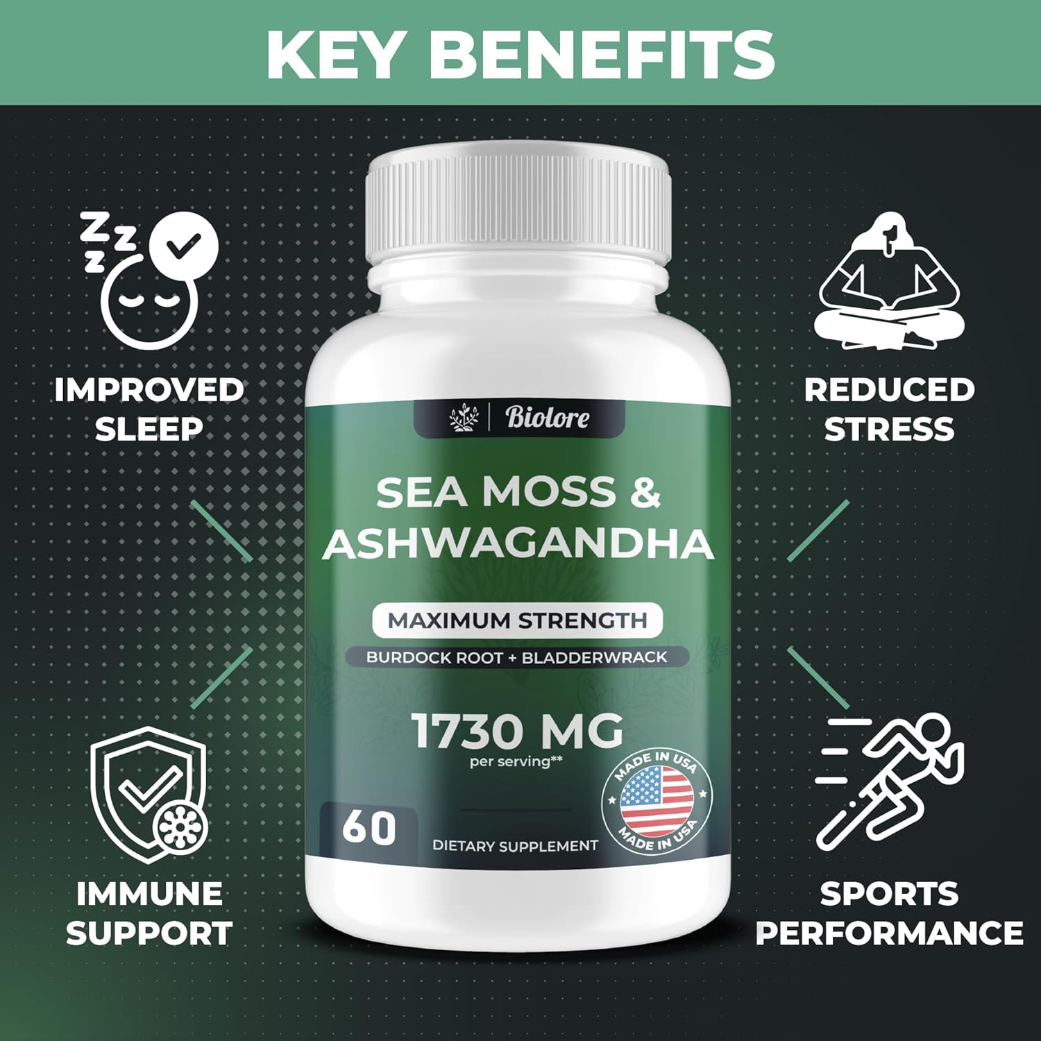 High Potency Vegan Sea Moss Gummies with Ashwagandha - 1730 MG, Irish Sea Moss, Burdock Root, Bladderwrack Extract for Digestive & Immune Support - Non-GMO, Gluten-Free (60 Count)