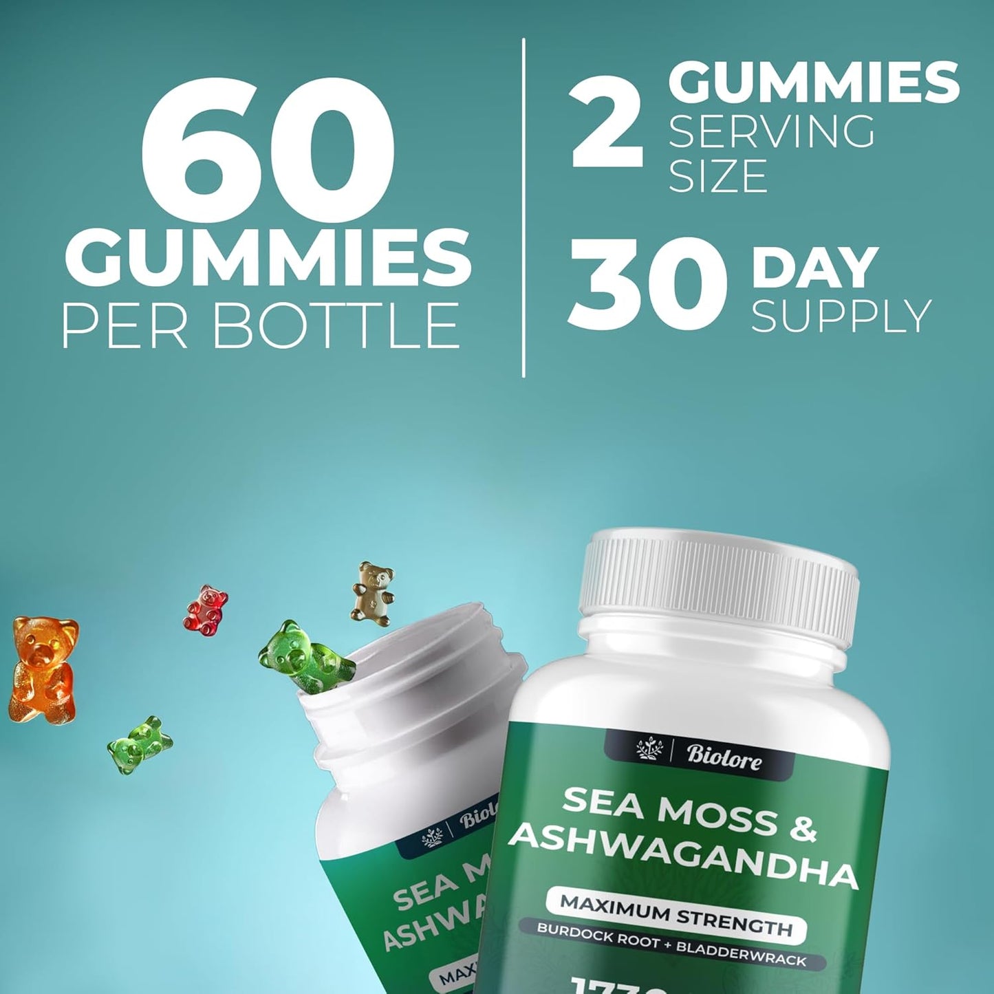 High Potency Vegan Sea Moss Gummies with Ashwagandha - 1730 MG, Irish Sea Moss, Burdock Root, Bladderwrack Extract for Digestive & Immune Support - Non-GMO, Gluten-Free (60 Count)