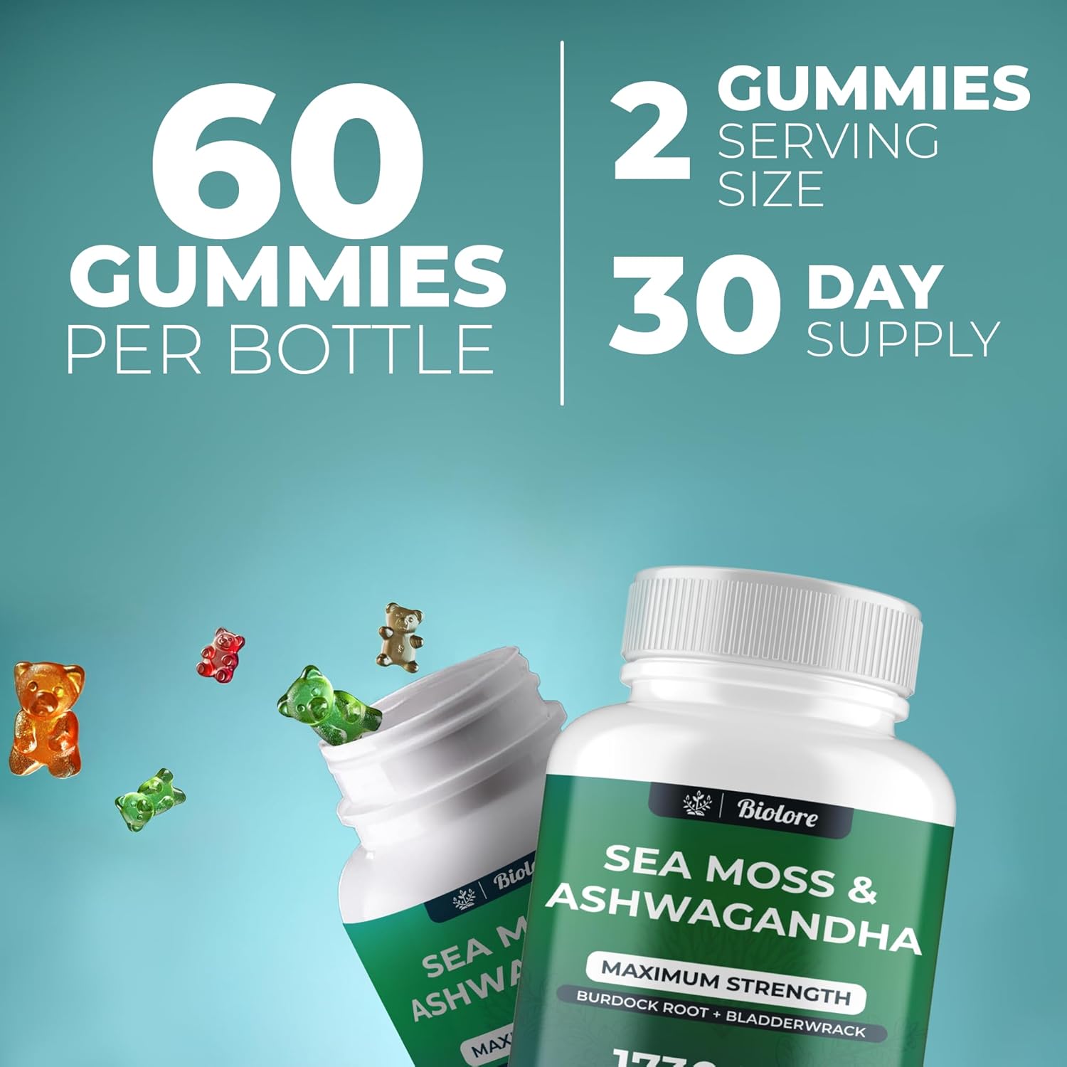 High Potency Vegan Sea Moss Gummies with Ashwagandha - 1730 MG, Irish Sea Moss, Burdock Root, Bladderwrack Extract for Digestive & Immune Support - Non-GMO, Gluten-Free (60 Count)
