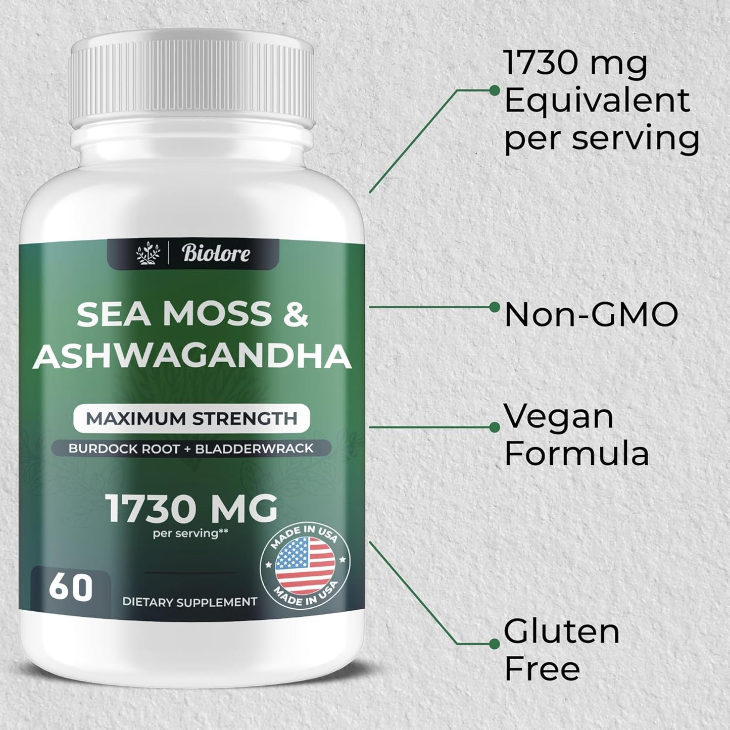 High Potency Vegan Sea Moss Gummies with Ashwagandha - 1730 MG, Irish Sea Moss, Burdock Root, Bladderwrack Extract for Digestive & Immune Support - Non-GMO, Gluten-Free (60 Count)