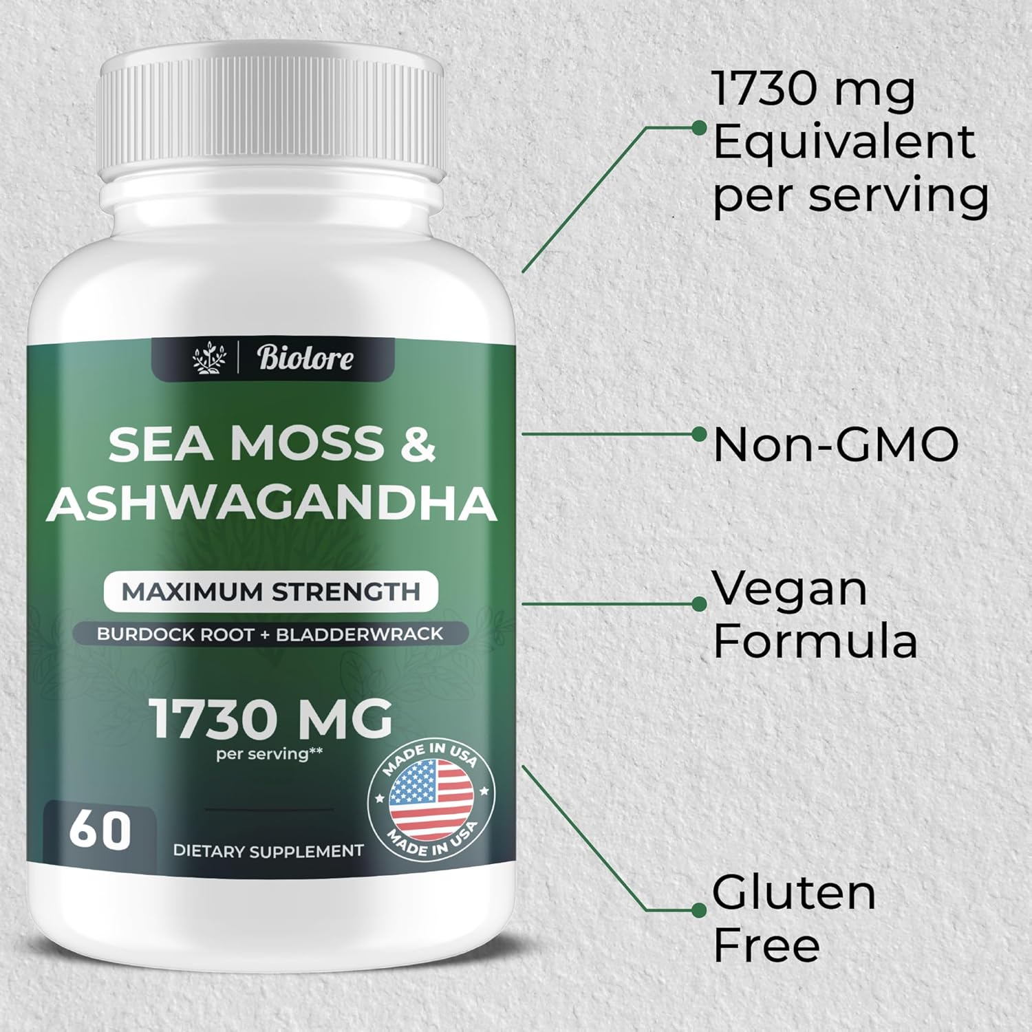High Potency Vegan Sea Moss Gummies with Ashwagandha - 1730 MG, Irish Sea Moss, Burdock Root, Bladderwrack Extract for Digestive & Immune Support - Non-GMO, Gluten-Free (60 Count)