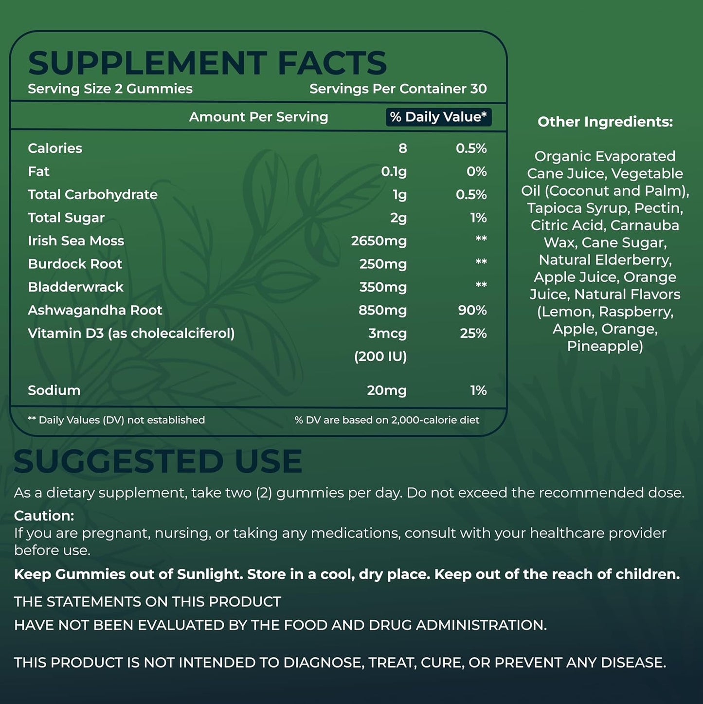 High Potency Vegan Sea Moss Gummies with Ashwagandha - 1730 MG, Irish Sea Moss, Burdock Root, Bladderwrack Extract for Digestive & Immune Support - Non-GMO, Gluten-Free (60 Count)