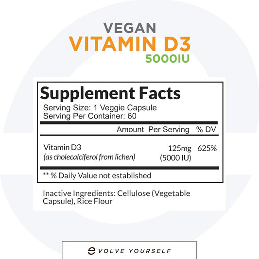 High Potency Vegan Vitamin D3 5000 IU Supplement for Immune Health & Strong Bones - 120 Capsules, 2-Month Supply