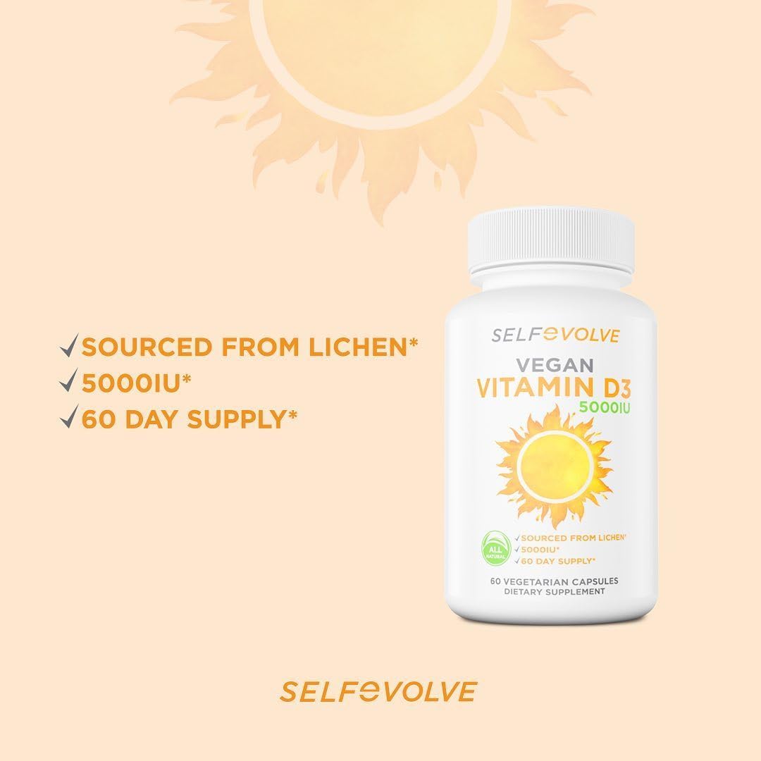 High Potency Vegan Vitamin D3 5000 IU Supplement for Immune Health & Strong Bones - 120 Capsules, 2-Month Supply