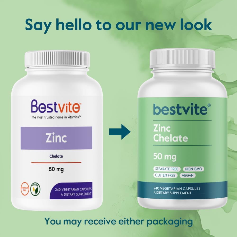 High Potency Vegan Zinc Chelate Capsules - 50mg (240 Count) - Non-GMO & Gluten-Free - No Fillers