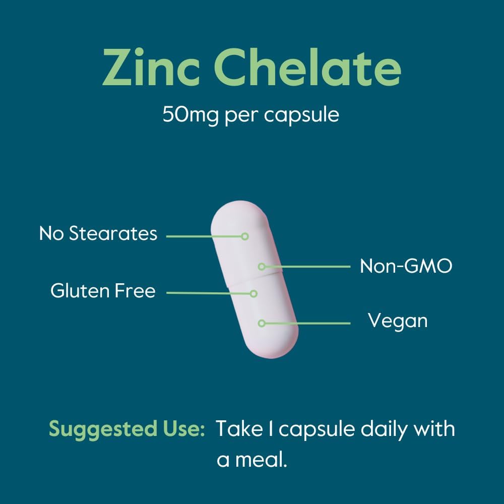 High Potency Vegan Zinc Chelate Capsules - 50mg (240 Count) - Non-GMO & Gluten-Free - No Fillers