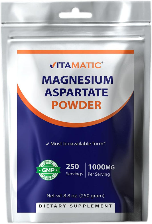 High Potency Vitamatic Magnesium Aspartate Powder for Muscle, Joint, and Heart Health - 1000mg per Serving - 250 Servings