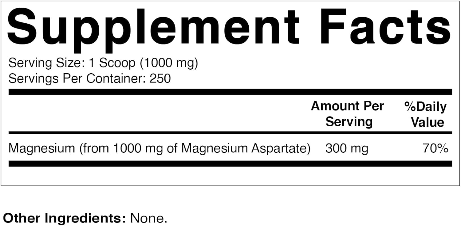 High Potency Vitamatic Magnesium Aspartate Powder for Muscle, Joint, and Heart Health - 1000mg per Serving - 250 Servings