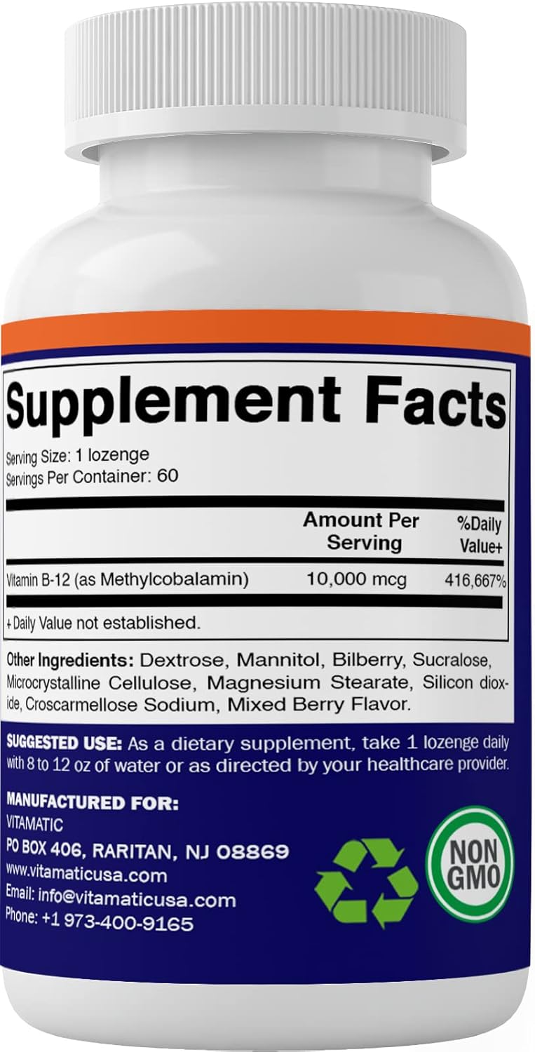 High Potency Vitamatic Methylcobalamin B12 Lozenges - 10,000 mcg, 60 Count - Ultimate Vitamin B12 Source