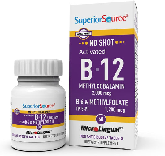 High Potency Vitamin B-12 Methylcobalamin, B-6, & Methylfolate Tablets for Energy, Brain, Heart Health - 60 Sublingual Dissolving Tabs