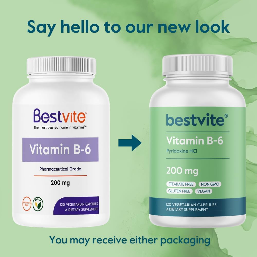 High Potency Vitamin B-6 200mg in Vegetarian Capsules (480 Count) - Stearate and Flow Agent Free - 2-Pack