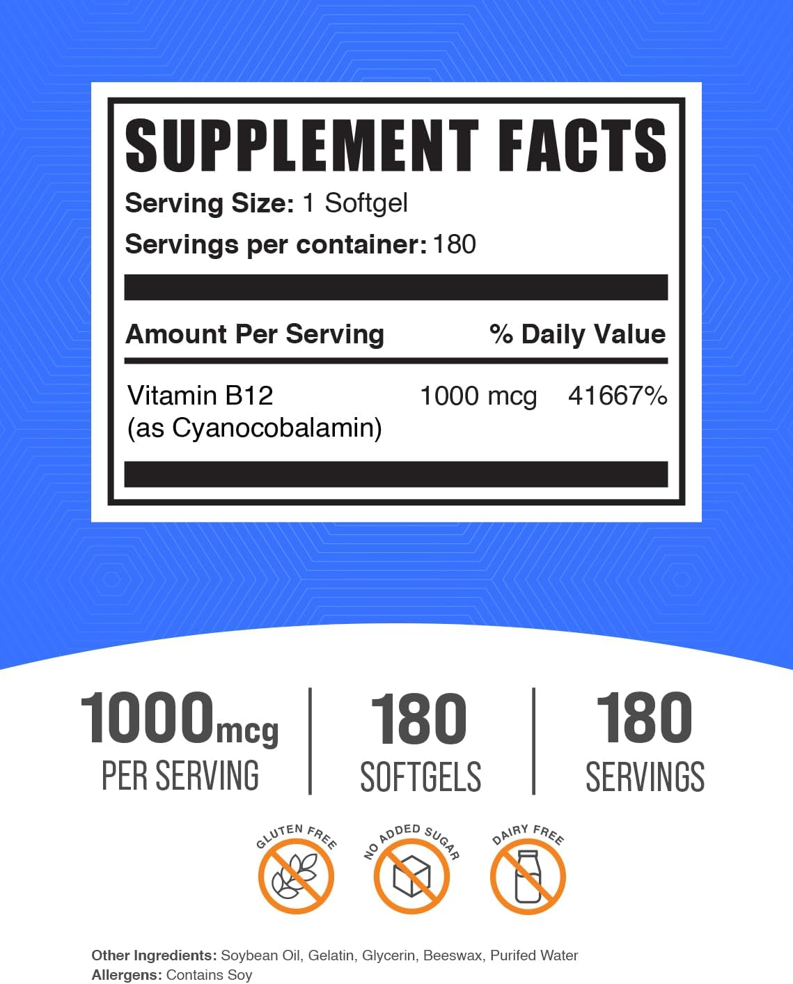 High Potency Vitamin B12 1000 mcg Softgels - Cyanocobalamin Supplement, Gluten Free, 180 Count