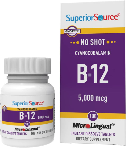 High Potency Vitamin B12 5000 mcg MicroLingual Tablets - 100 Count - Fast Dissolving B12 Supplement for Energy, Metabolism Boost, and Nervous System Support - Non-GMO Formula