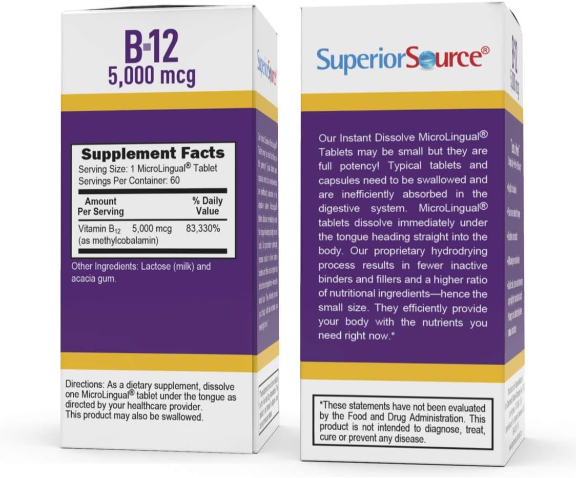 High Potency Vitamin B12 Methylcobalamin 5000 mcg Tablets for Energy & Nervous System, 60ct, Non-GMO, Quick Dissolve