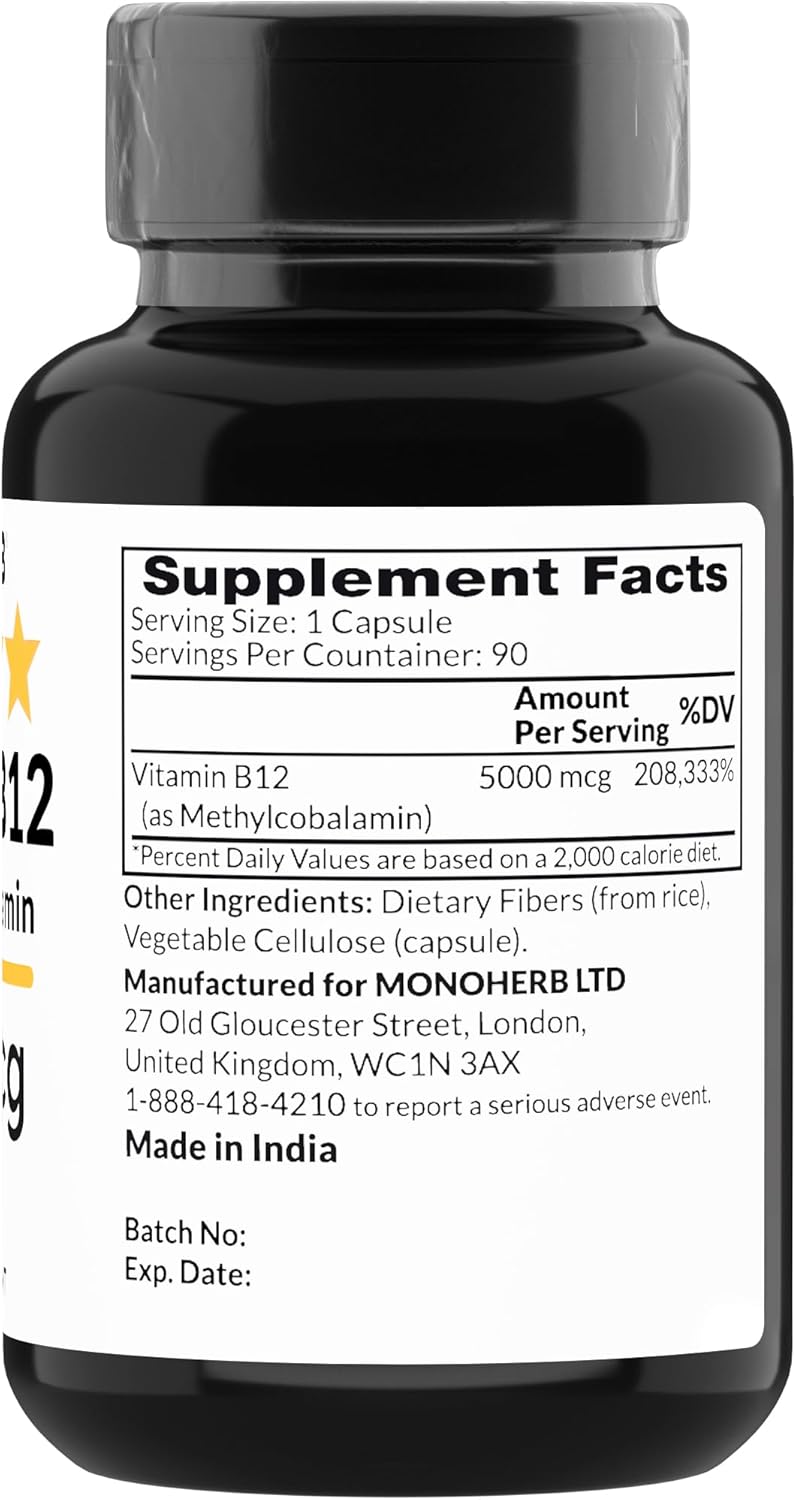 High Potency Vitamin B12 Methylcobalamin Supplement - 90 Veg Capsules - 5000 mcg B12 Methyl Formula