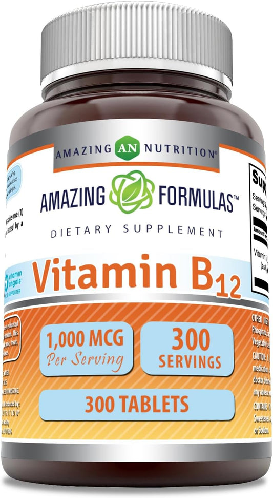 High Potency Vitamin B12 Supplement | 1000 Mcg Tablets | Non-GMO, Gluten-Free | Made in USA | 1 Pack, 300 Count