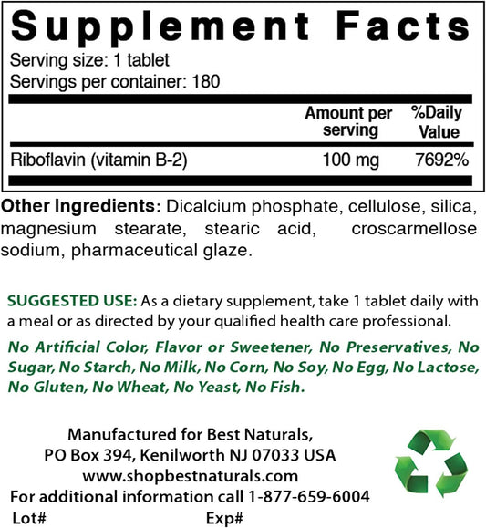 High Potency Vitamin B2 (Riboflavin) and COQ10 Supplement - 100 mg Each for Energy and Heart Health