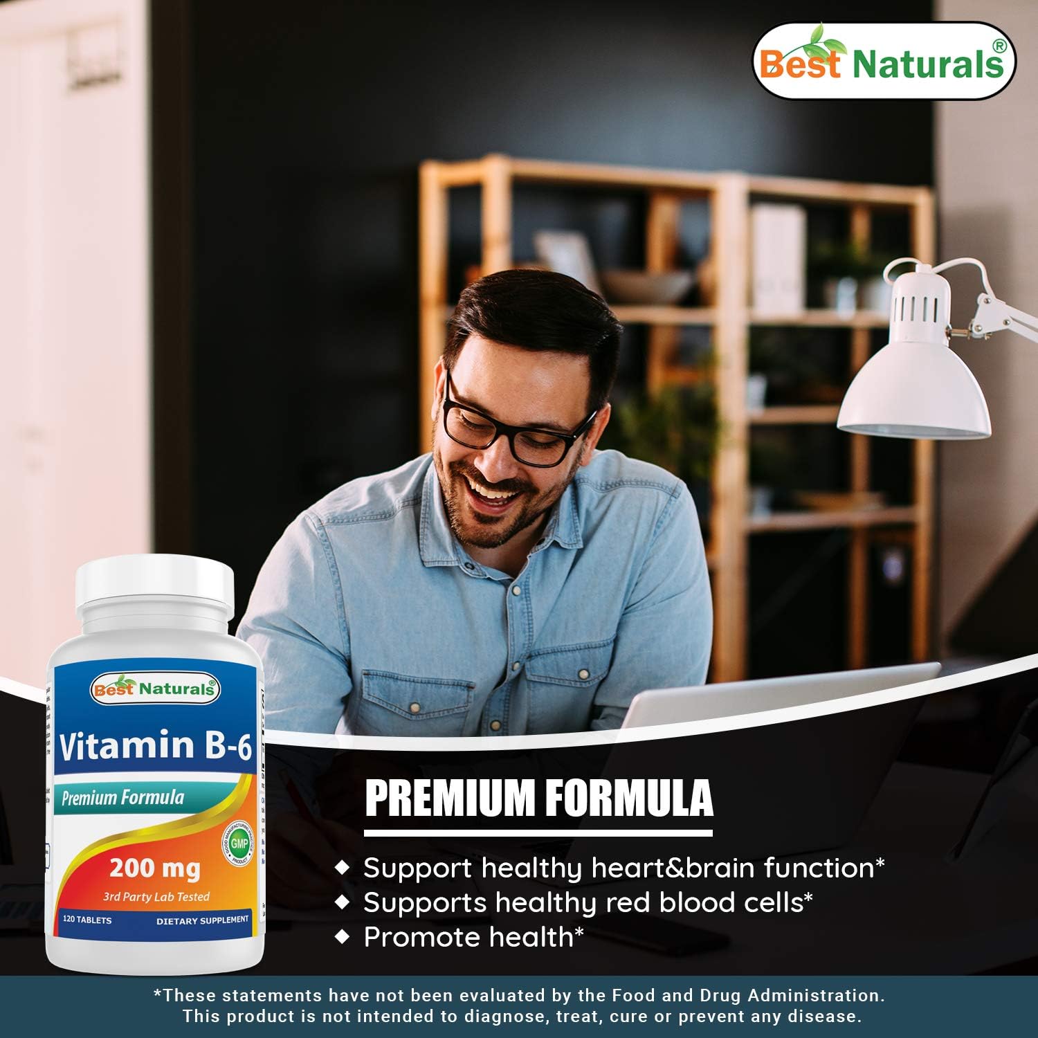 High Potency Vitamin B6 200mg Tablets for Adults - 240 Count (2 Pack) - Best Naturals Supplement