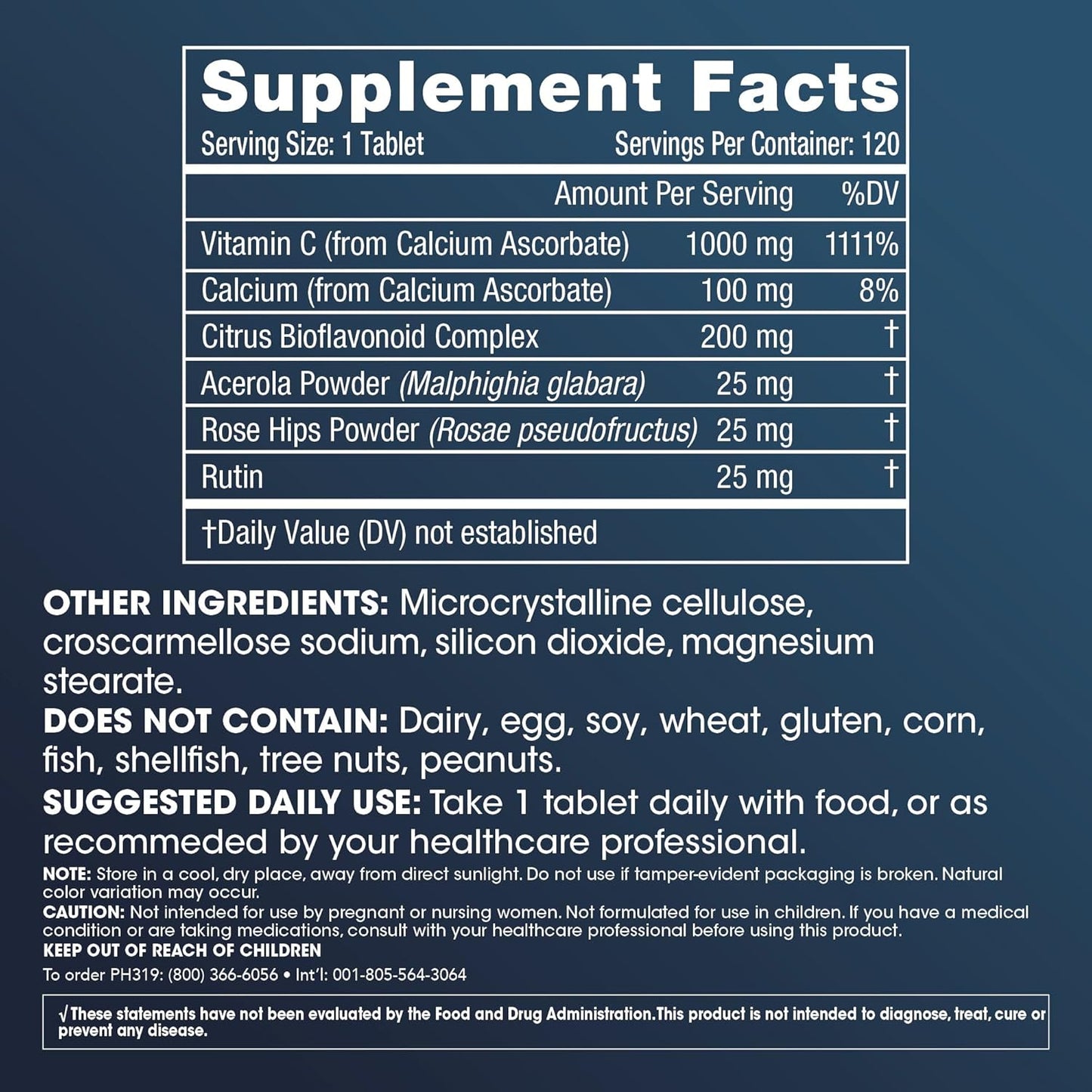 High Potency Vitamin C Complex with Bioflavonoids, Acerola, Rose HIPS, and Rutin - 1000mg, 120 Tablets